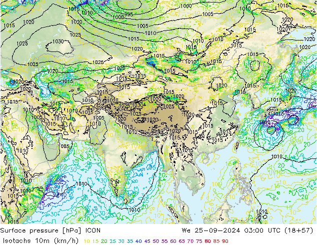 Isotachs (kph) ICON mer 25.09.2024 03 UTC