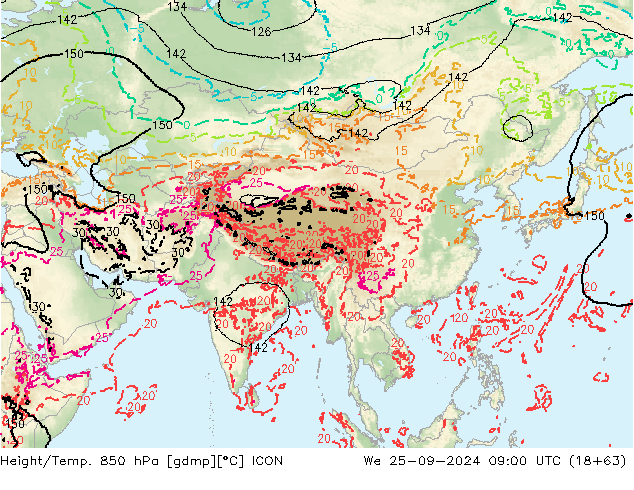 Height/Temp. 850 hPa ICON mer 25.09.2024 09 UTC