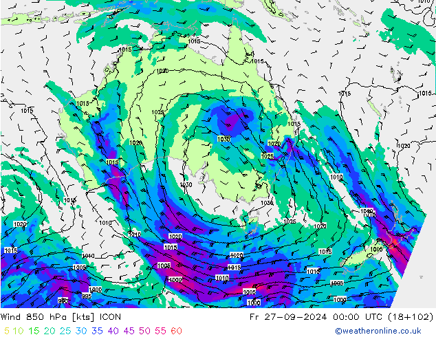 Wind 850 hPa ICON Fr 27.09.2024 00 UTC