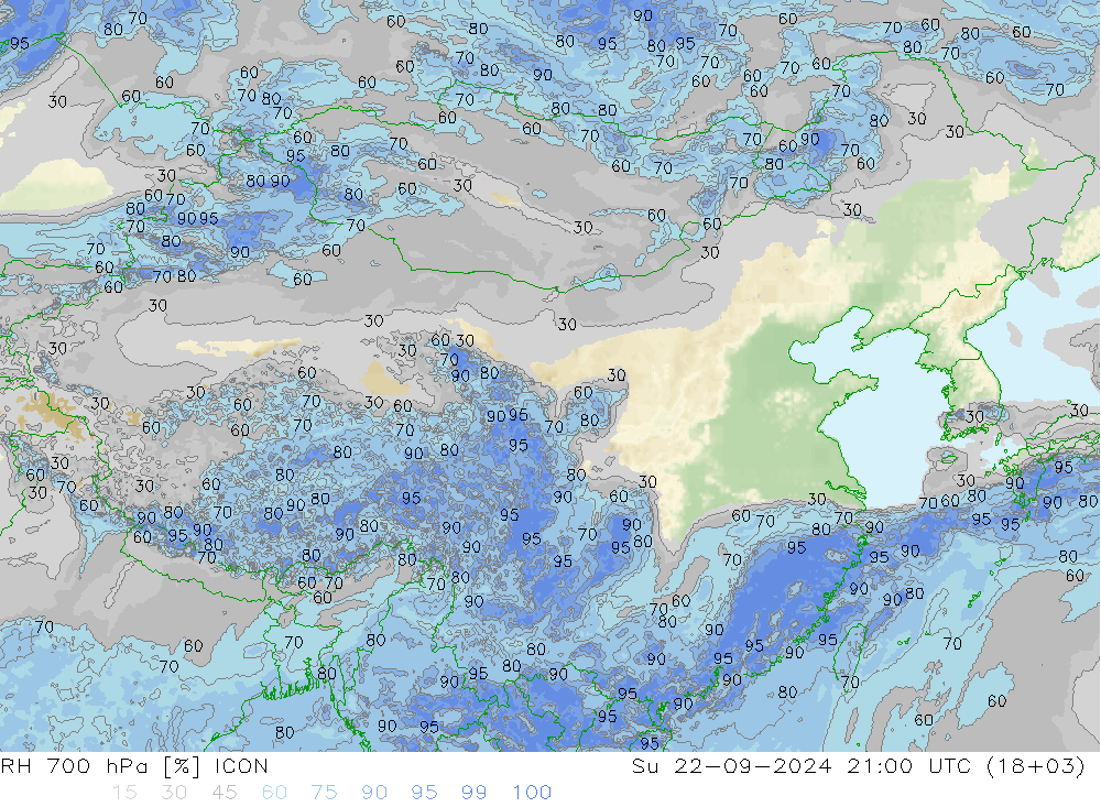 RH 700 hPa ICON 星期日 22.09.2024 21 UTC