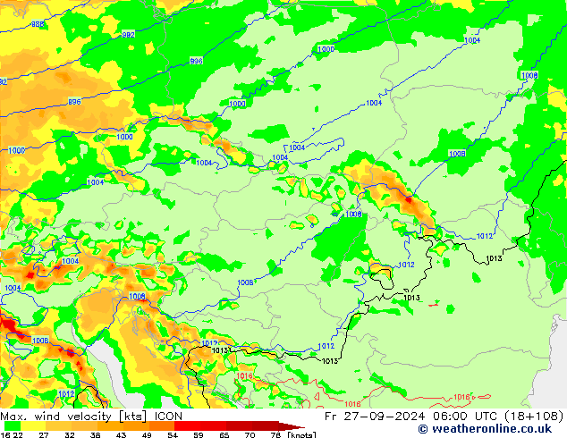 Max. wind velocity ICON Fr 27.09.2024 06 UTC