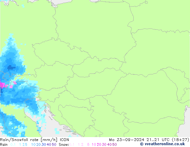 Rain/Snowfall rate ICON lun 23.09.2024 21 UTC