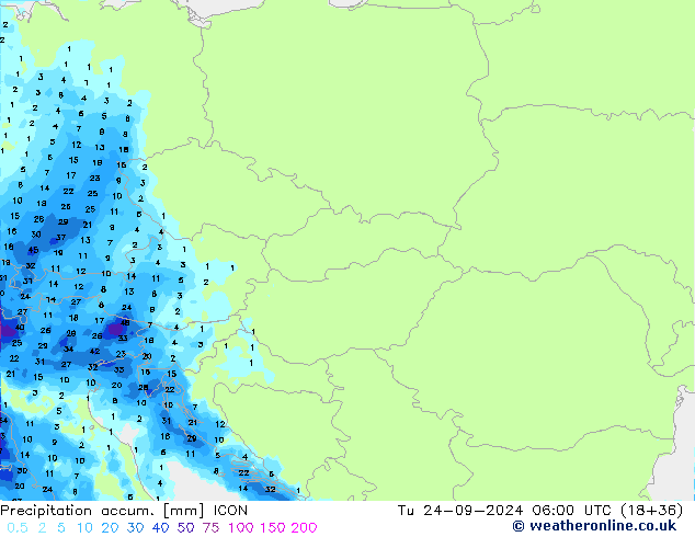 Totale neerslag ICON di 24.09.2024 06 UTC