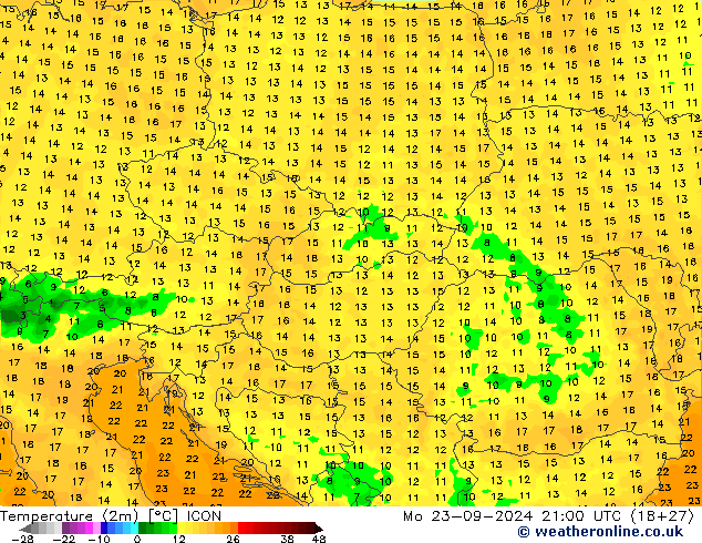 карта температуры ICON пн 23.09.2024 21 UTC