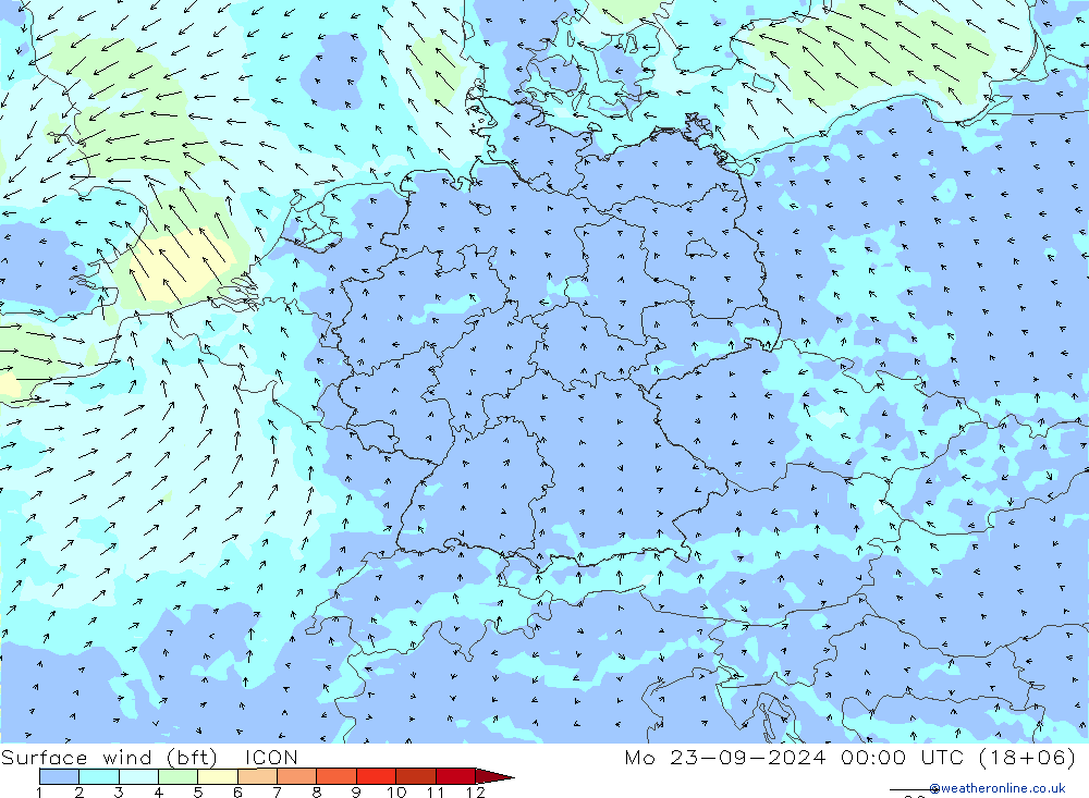 Bodenwind (bft) ICON Mo 23.09.2024 00 UTC