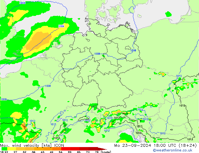 Max. wind velocity ICON lun 23.09.2024 18 UTC