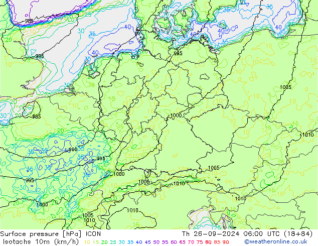 Isotachen (km/h) ICON Do 26.09.2024 06 UTC