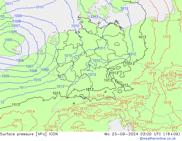 Pressione al suolo ICON lun 23.09.2024 03 UTC