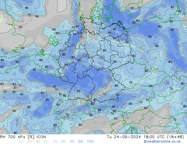 RH 700 hPa ICON Út 24.09.2024 18 UTC