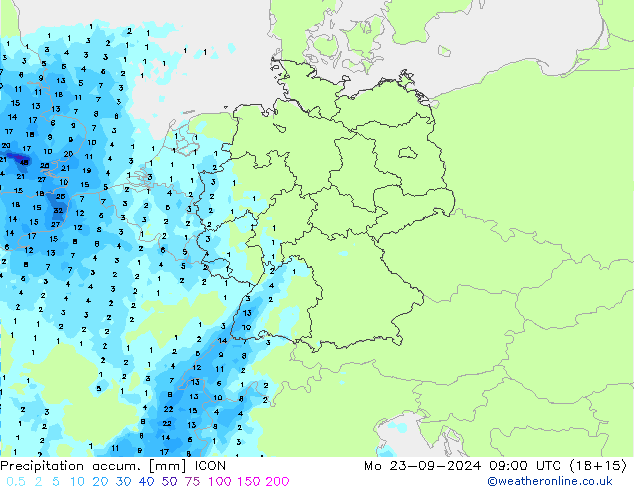 Precipitation accum. ICON Seg 23.09.2024 09 UTC