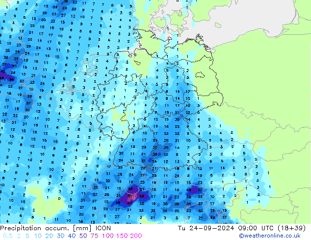 Totale neerslag ICON di 24.09.2024 09 UTC