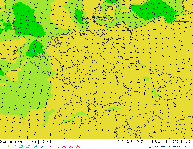 Surface wind ICON Su 22.09.2024 21 UTC