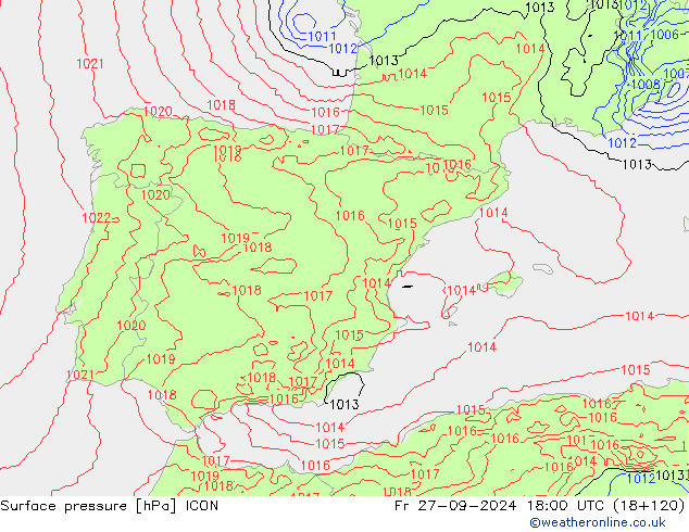 Surface pressure ICON Fr 27.09.2024 18 UTC