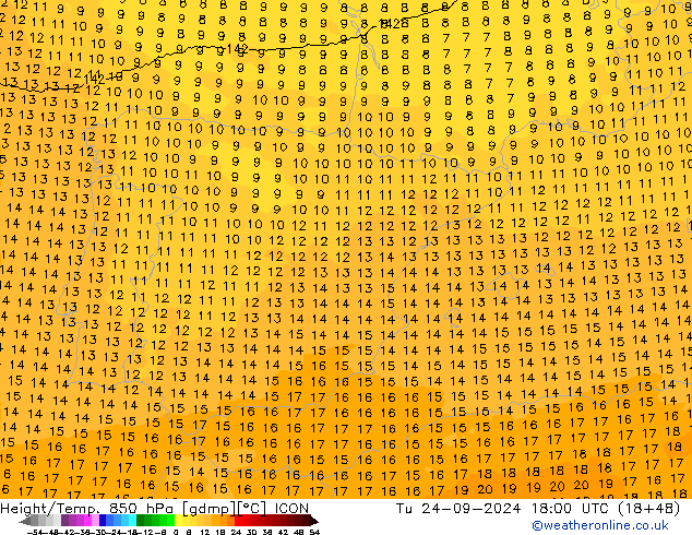 Yükseklik/Sıc. 850 hPa ICON Sa 24.09.2024 18 UTC