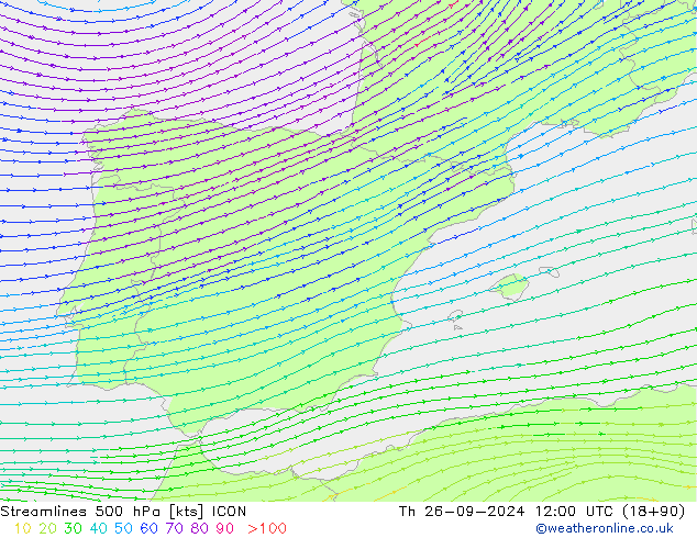 Linia prądu 500 hPa ICON czw. 26.09.2024 12 UTC