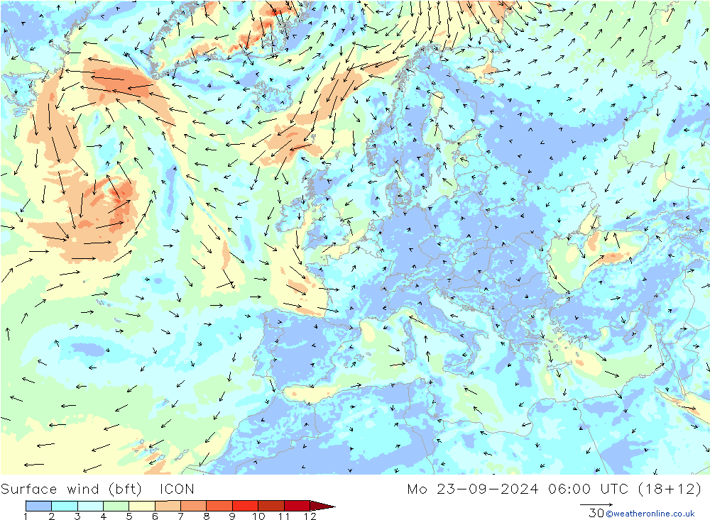 Bodenwind (bft) ICON Mo 23.09.2024 06 UTC