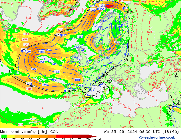 Max. wind velocity ICON ср 25.09.2024 06 UTC