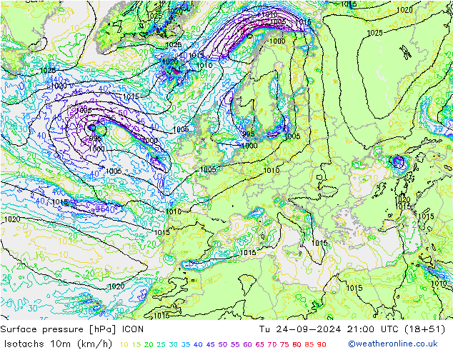 Isotachs (kph) ICON Tu 24.09.2024 21 UTC