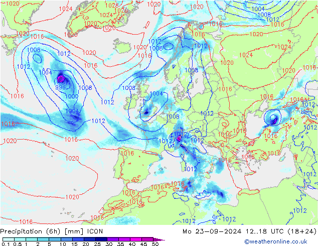 Precipitation (6h) ICON Po 23.09.2024 18 UTC