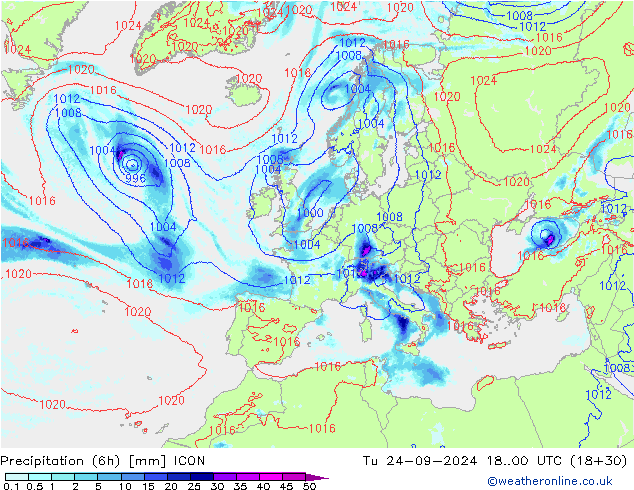 Precipitation (6h) ICON Út 24.09.2024 00 UTC