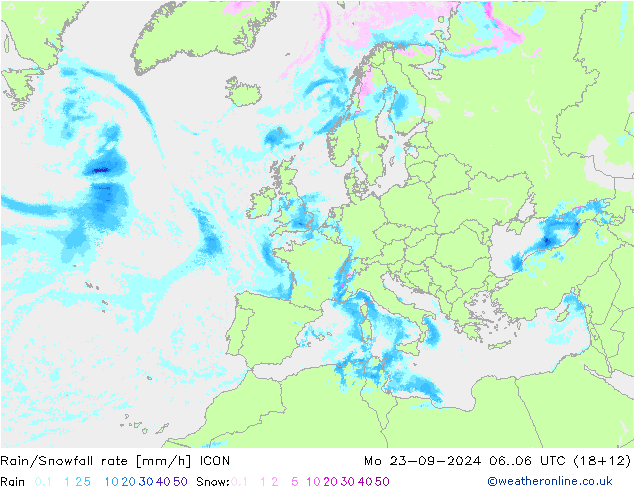 Rain/Snowfall rate ICON lun 23.09.2024 06 UTC