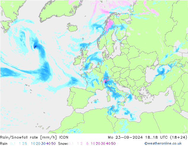 Rain/Snowfall rate ICON Mo 23.09.2024 18 UTC