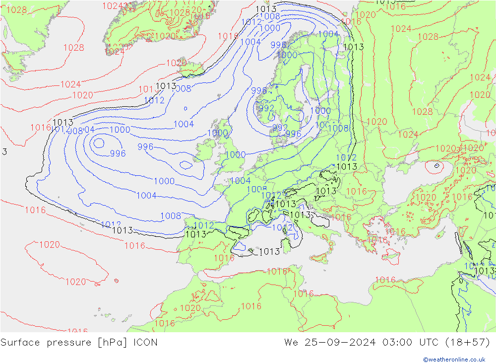 Surface pressure ICON We 25.09.2024 03 UTC