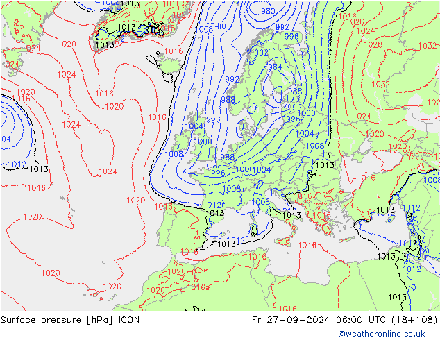 Surface pressure ICON Fr 27.09.2024 06 UTC