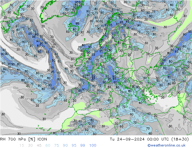 RH 700 hPa ICON Út 24.09.2024 00 UTC