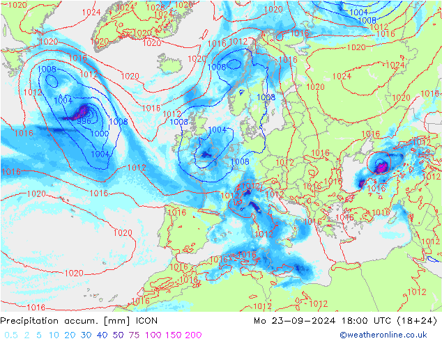 Precipitation accum. ICON Mo 23.09.2024 18 UTC