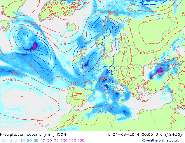 Precipitation accum. ICON вт 24.09.2024 00 UTC