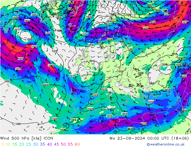 Rüzgar 500 hPa ICON Pzt 23.09.2024 00 UTC