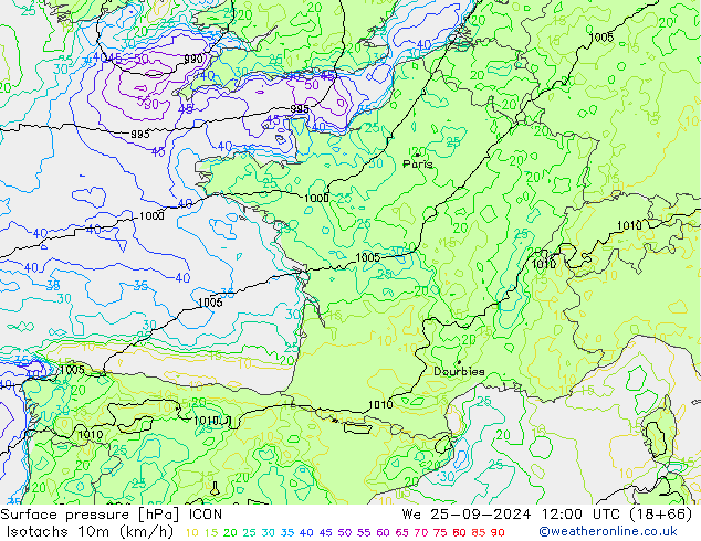 Isotachs (kph) ICON We 25.09.2024 12 UTC