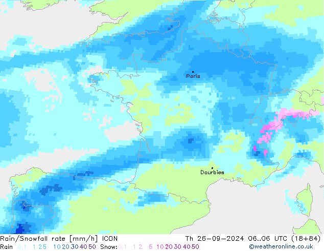 Rain/Snowfall rate ICON jeu 26.09.2024 06 UTC