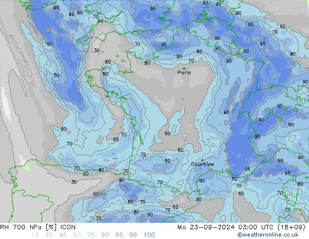 RH 700 hPa ICON Mo 23.09.2024 03 UTC