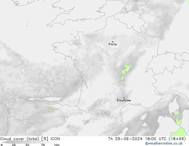 Cloud cover (total) ICON Th 26.09.2024 18 UTC