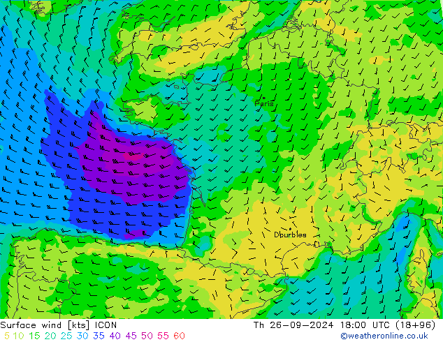 Surface wind ICON Th 26.09.2024 18 UTC