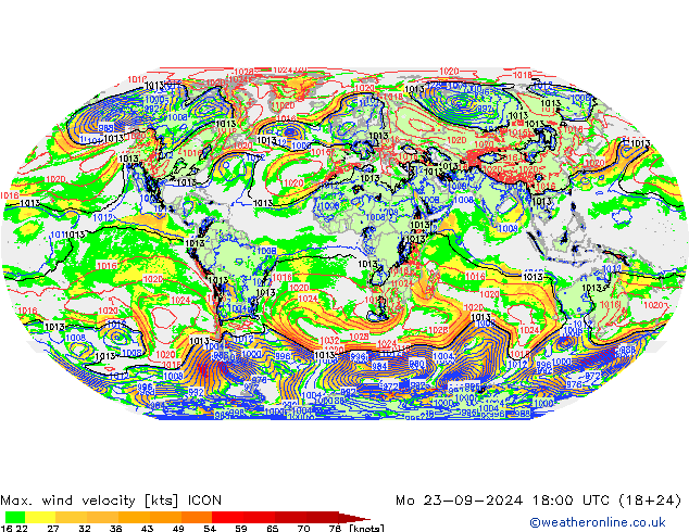 Max. wind velocity ICON 星期一 23.09.2024 18 UTC