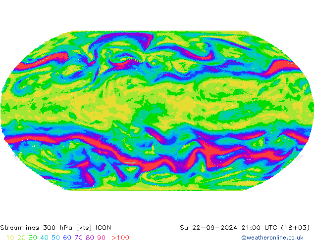 Stroomlijn 300 hPa ICON zo 22.09.2024 21 UTC