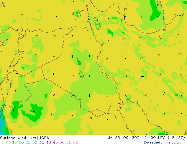 Viento 10 m ICON lun 23.09.2024 21 UTC