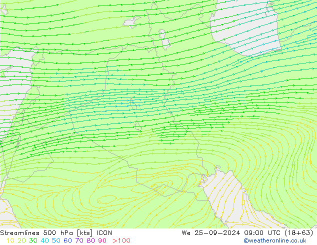 Streamlines 500 hPa ICON We 25.09.2024 09 UTC