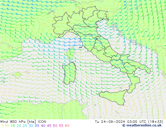 Wind 850 hPa ICON Út 24.09.2024 03 UTC