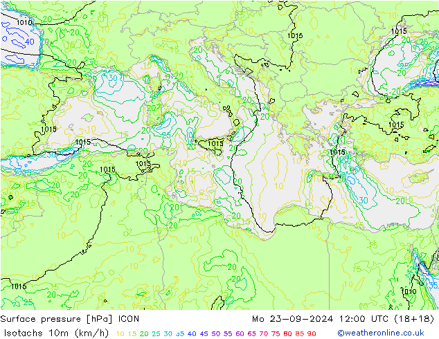 Isotachs (kph) ICON пн 23.09.2024 12 UTC