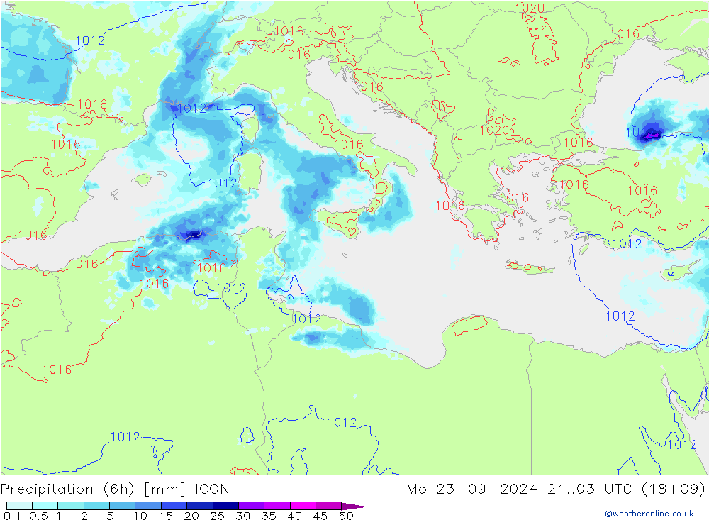 Precipitación (6h) ICON lun 23.09.2024 03 UTC