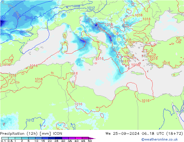 Totale neerslag (12h) ICON wo 25.09.2024 18 UTC