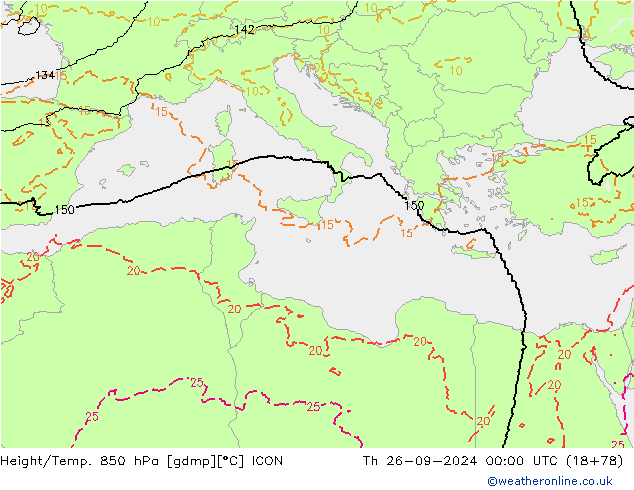 Height/Temp. 850 hPa ICON Qui 26.09.2024 00 UTC