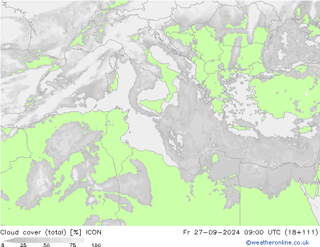 Nuages (total) ICON ven 27.09.2024 09 UTC