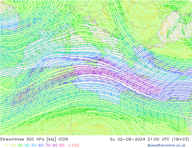 Streamlines 300 hPa ICON Su 22.09.2024 21 UTC