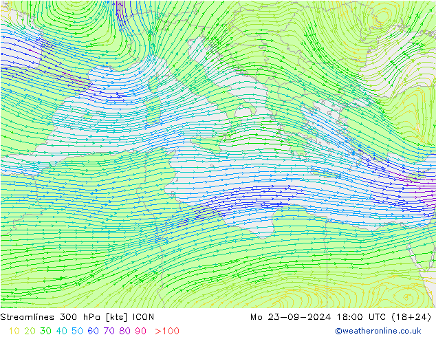 Streamlines 300 hPa ICON Mo 23.09.2024 18 UTC