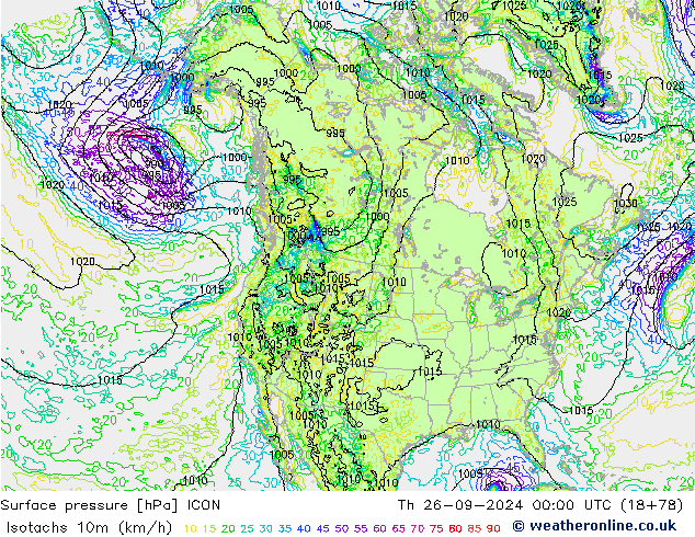 Isotachs (kph) ICON Th 26.09.2024 00 UTC